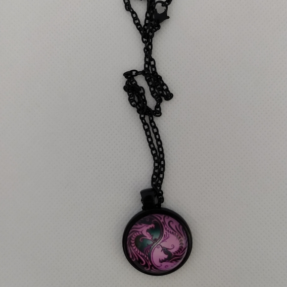COPY - Handmade Black & Pink Dragon Yin Yang Necklace on a 24" Black Chain - Picture 4 of 4
